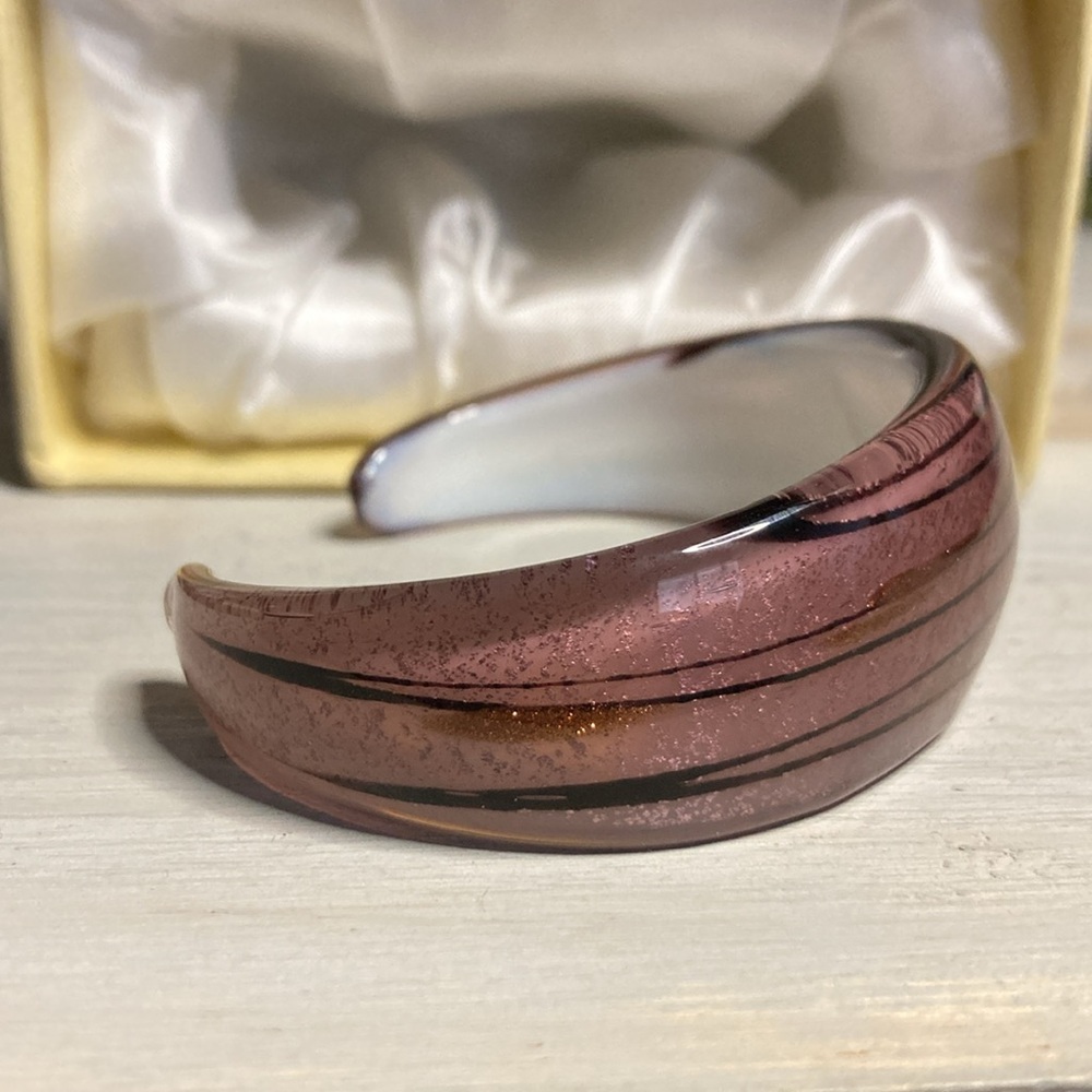 Vintage Purple Black Stripe Coppertone Glitter Art Glass Cuff Bracelet
